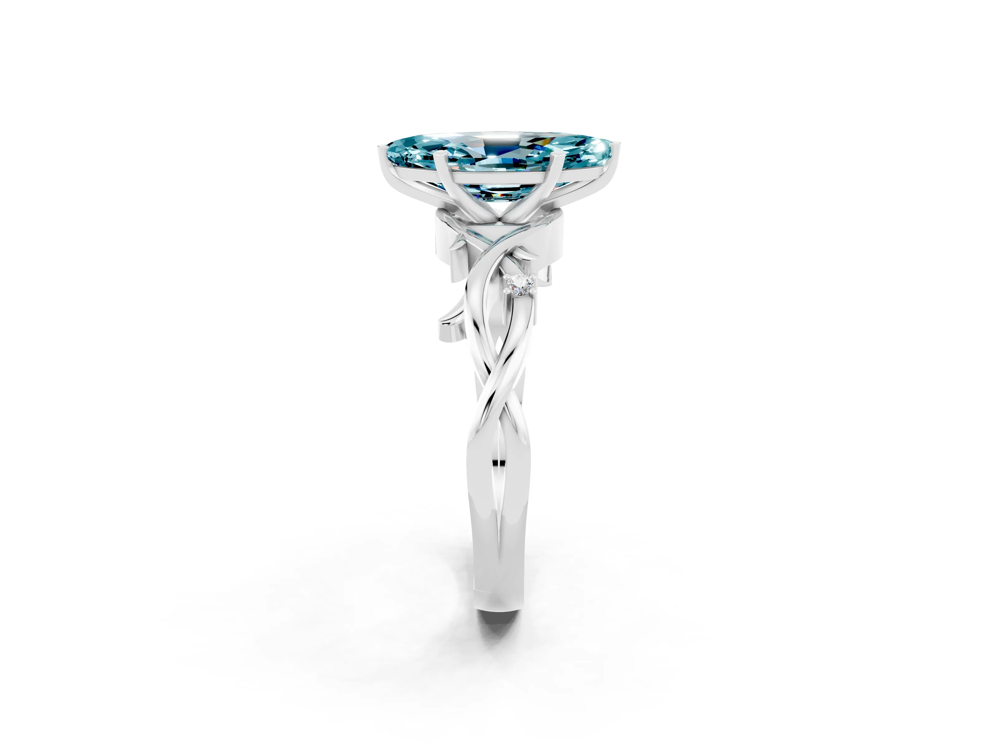 White gold Marquise Cut Blue Topaz Solitaire Ring with Milgrain Pavé Band and Four-Prong Setting_38