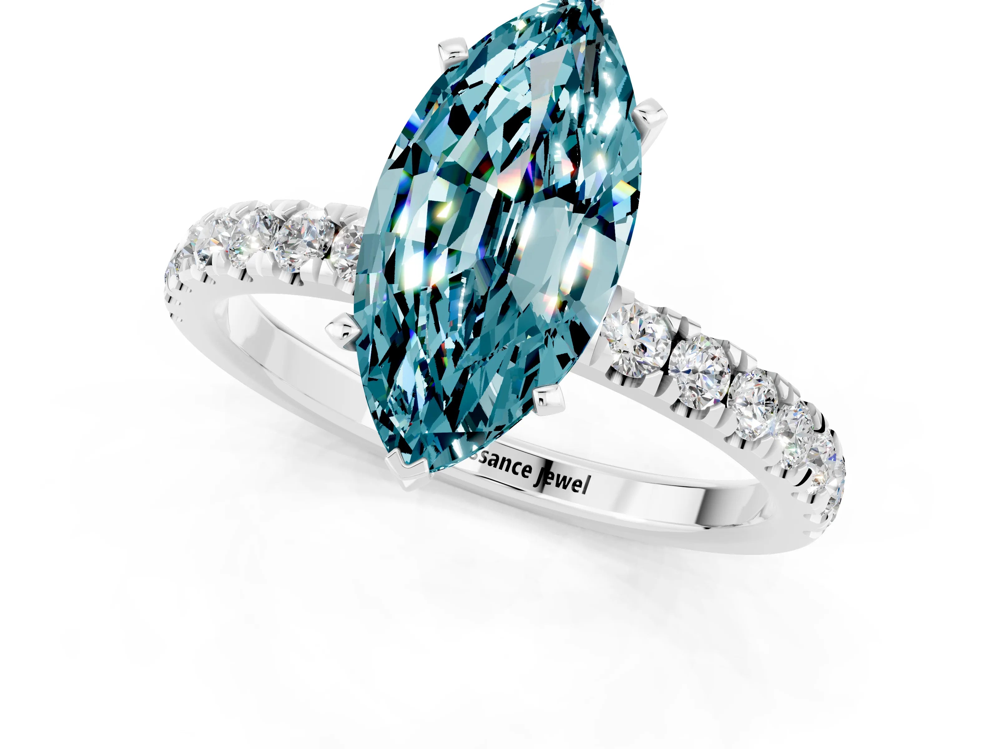 White gold Marquise Cut Blue Topaz Solitaire Ring with Pavé Accents and Four-Prong Setting_1