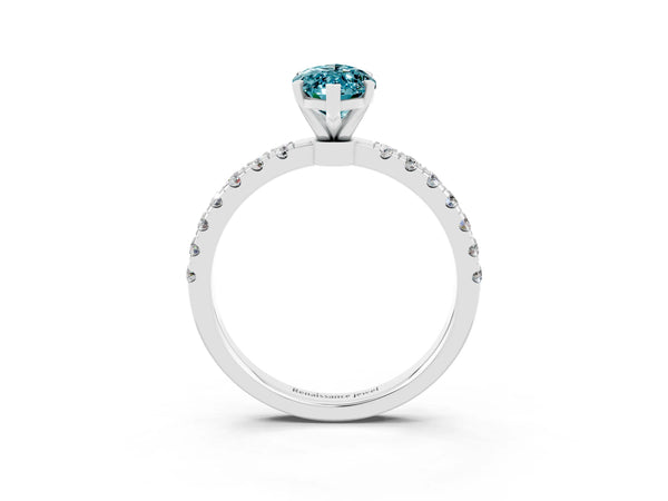 Platinum Marquise Cut Blue Topaz Solitaire Ring with Pavé Accents and Four-Prong Setting