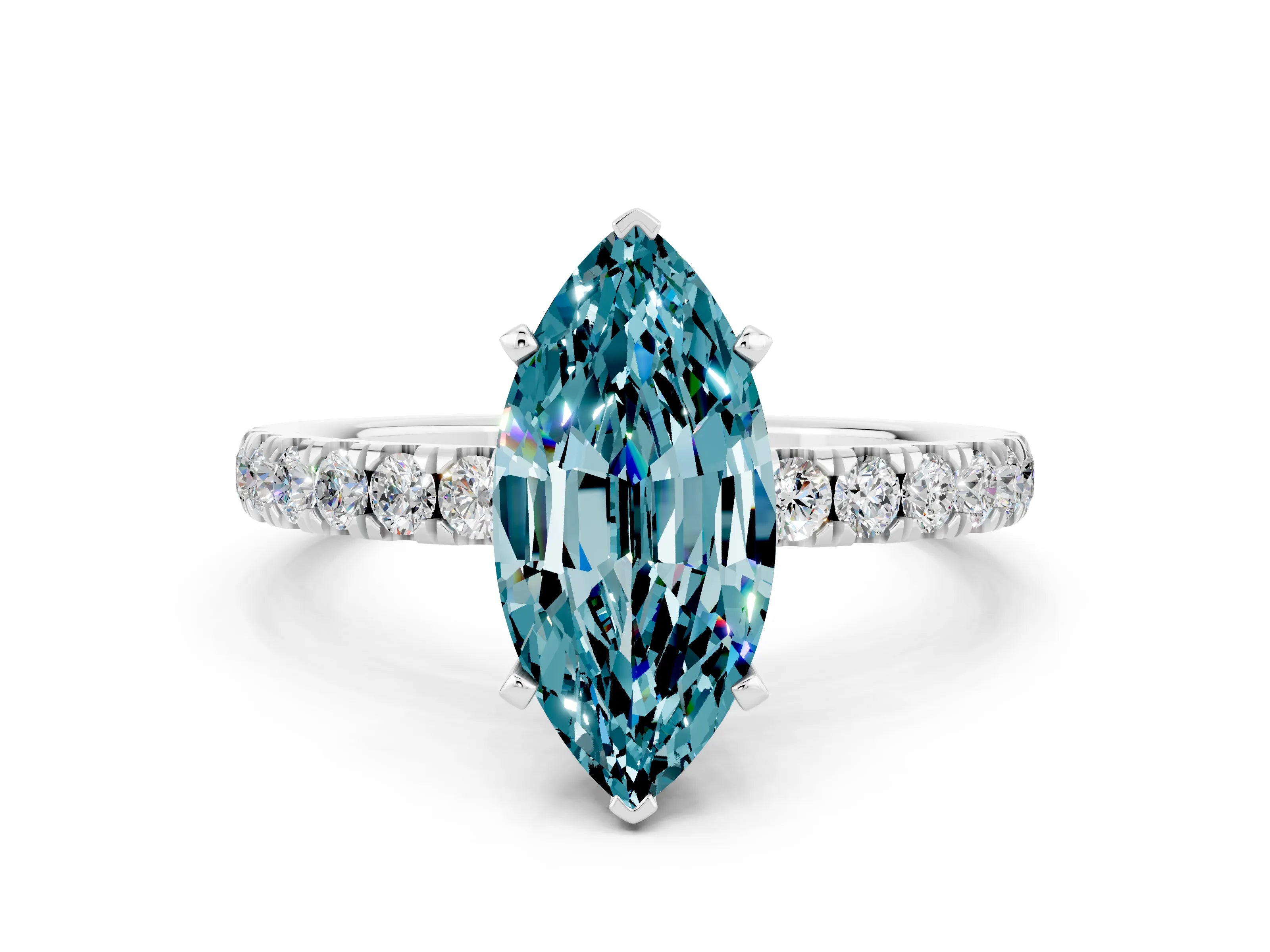 White gold Marquise Cut Blue Topaz Solitaire Ring with Pavé Accents and Four-Prong Setting