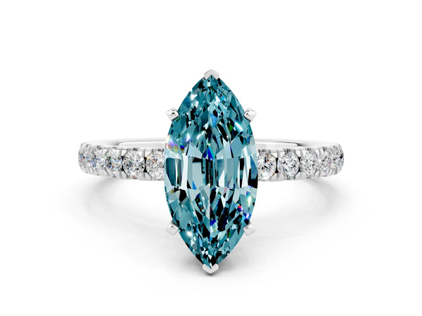 Silver Marquise Cut Blue Topaz Solitaire Ring with Pavé Accents and Four-Prong Setting