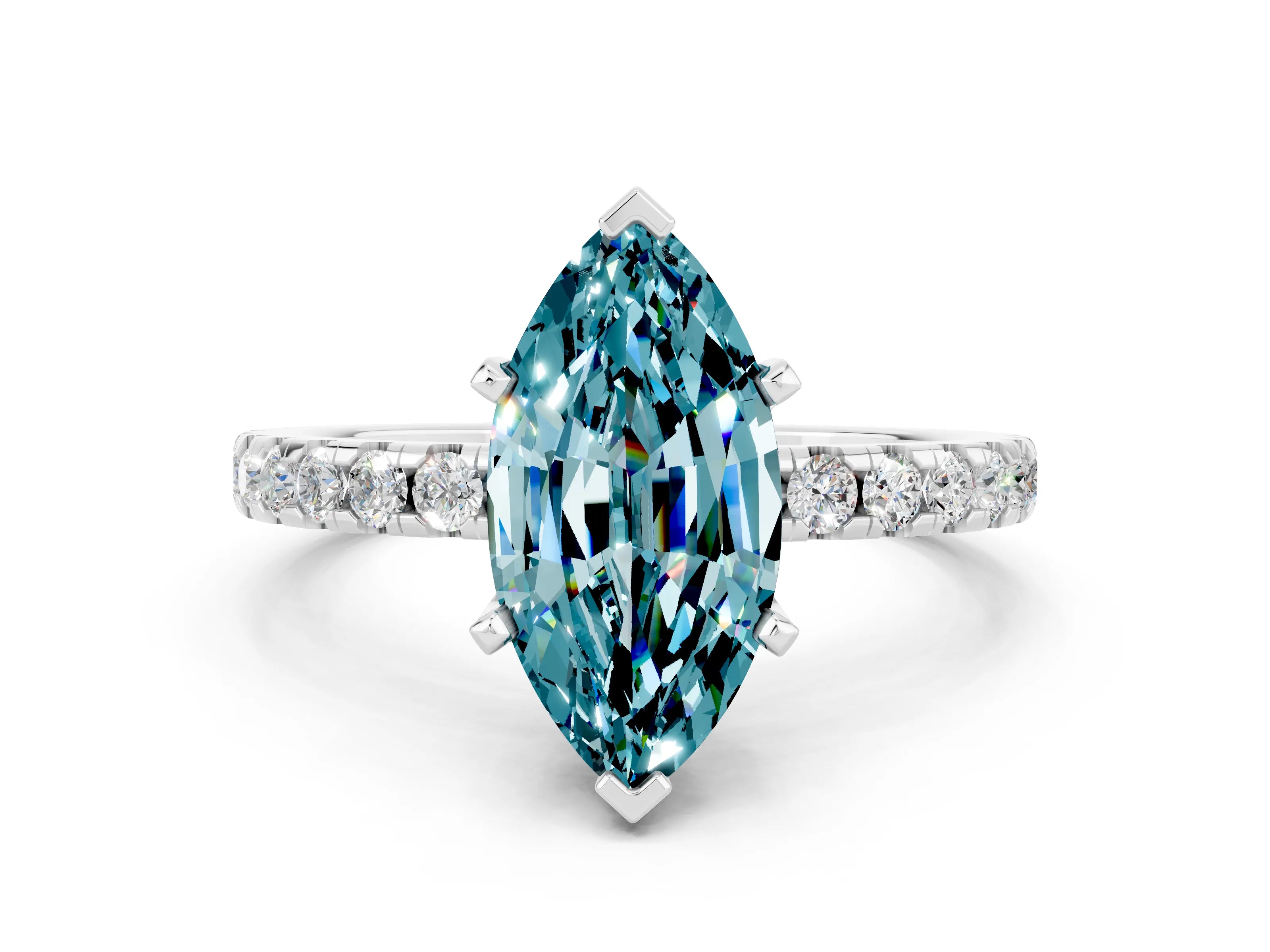 White gold Marquise Cut Blue Topaz Solitaire Ring with Pavé Band and Four-Prong Setting_36