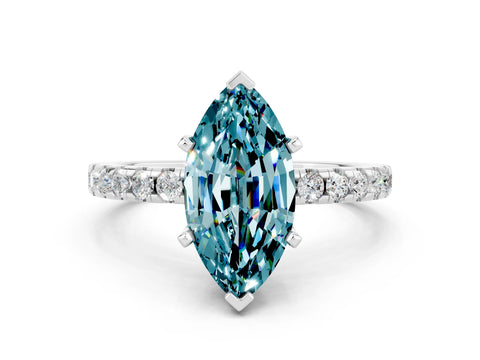 White gold Marquise Cut Blue Topaz Solitaire Ring with Pavé Band and Four-Prong Setting_36