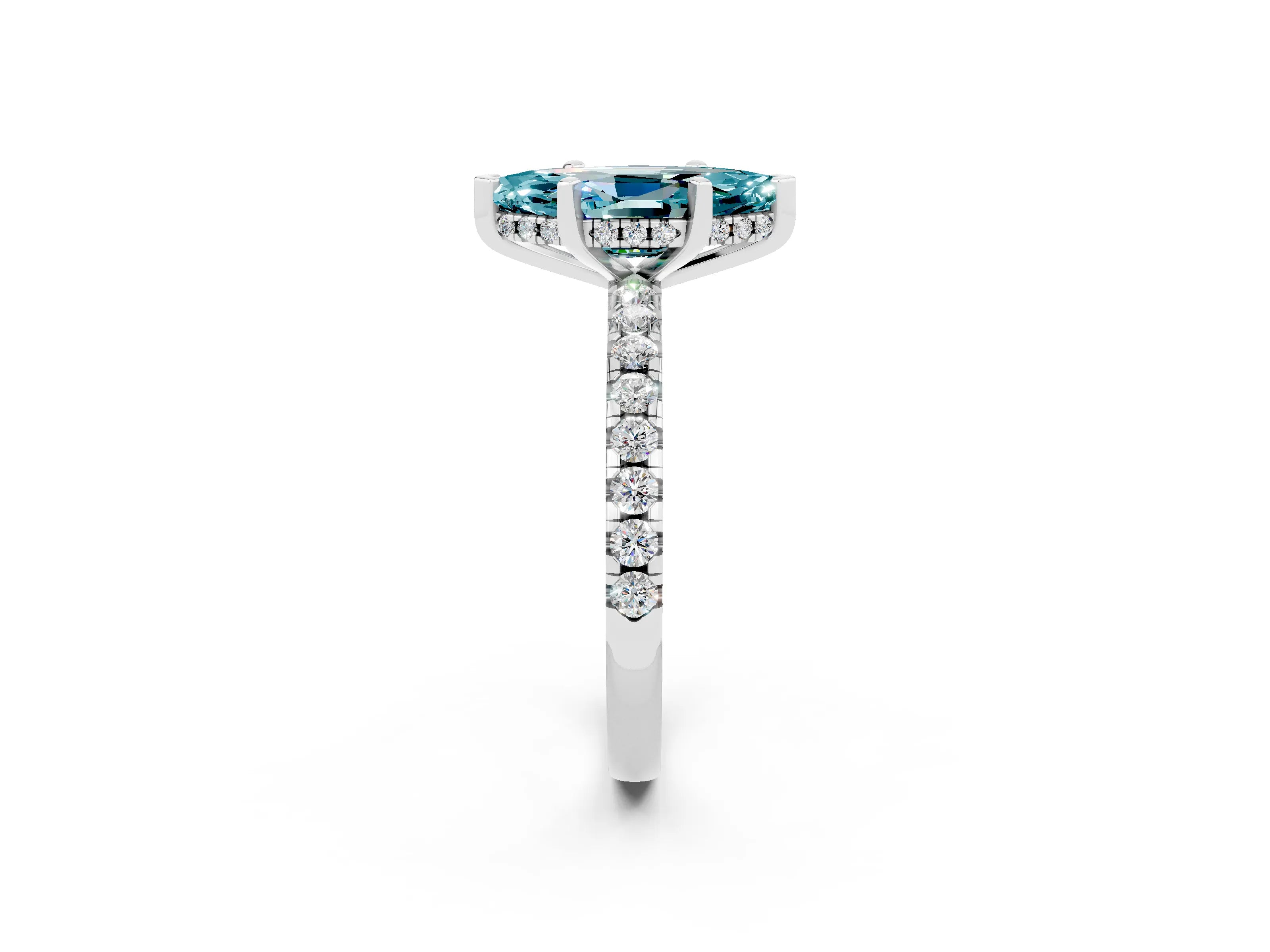 White gold Marquise Cut Blue Topaz Solitaire Ring with Pavé Band and Four-Prong Setting_38