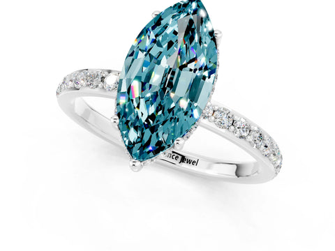 White gold Marquise Cut Blue Topaz Solitaire Ring with Pavé Band and Hidden Halo_1