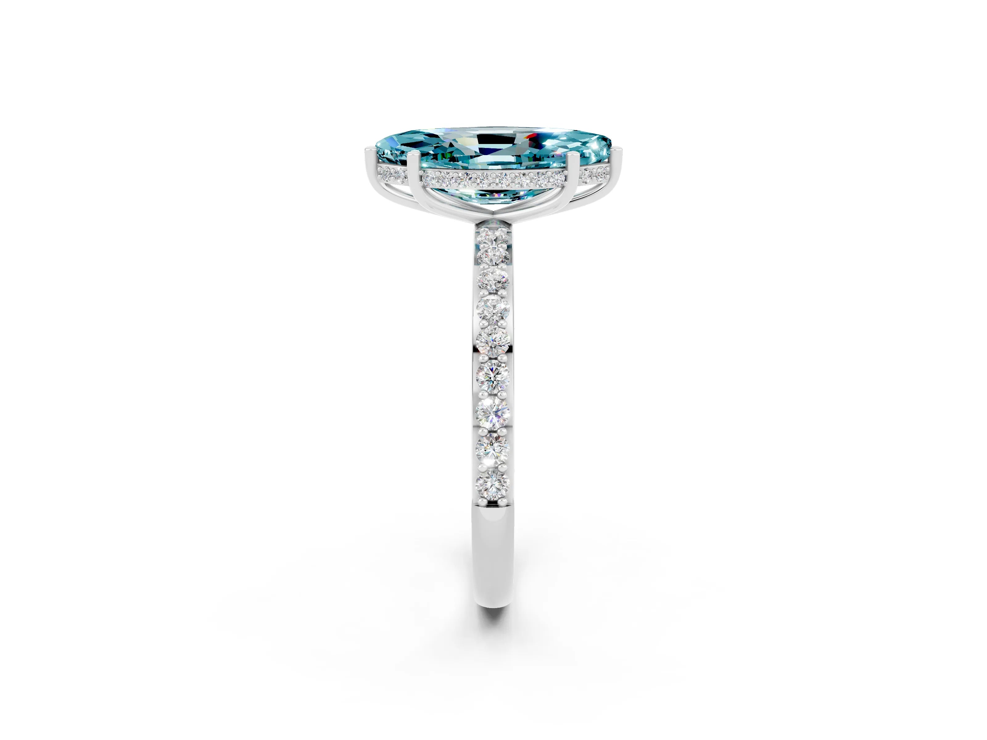 White gold Marquise Cut Blue Topaz Solitaire Ring with Pavé Band and Hidden Halo_26