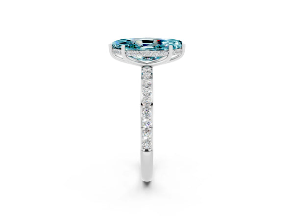 White gold Marquise Cut Blue Topaz Solitaire Ring with Pavé Band and Hidden Halo