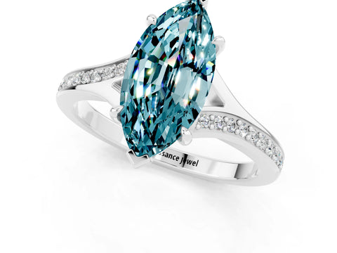 White gold Marquise Cut Blue Topaz Solitaire Ring with Pavé Band and Prong Setting_1