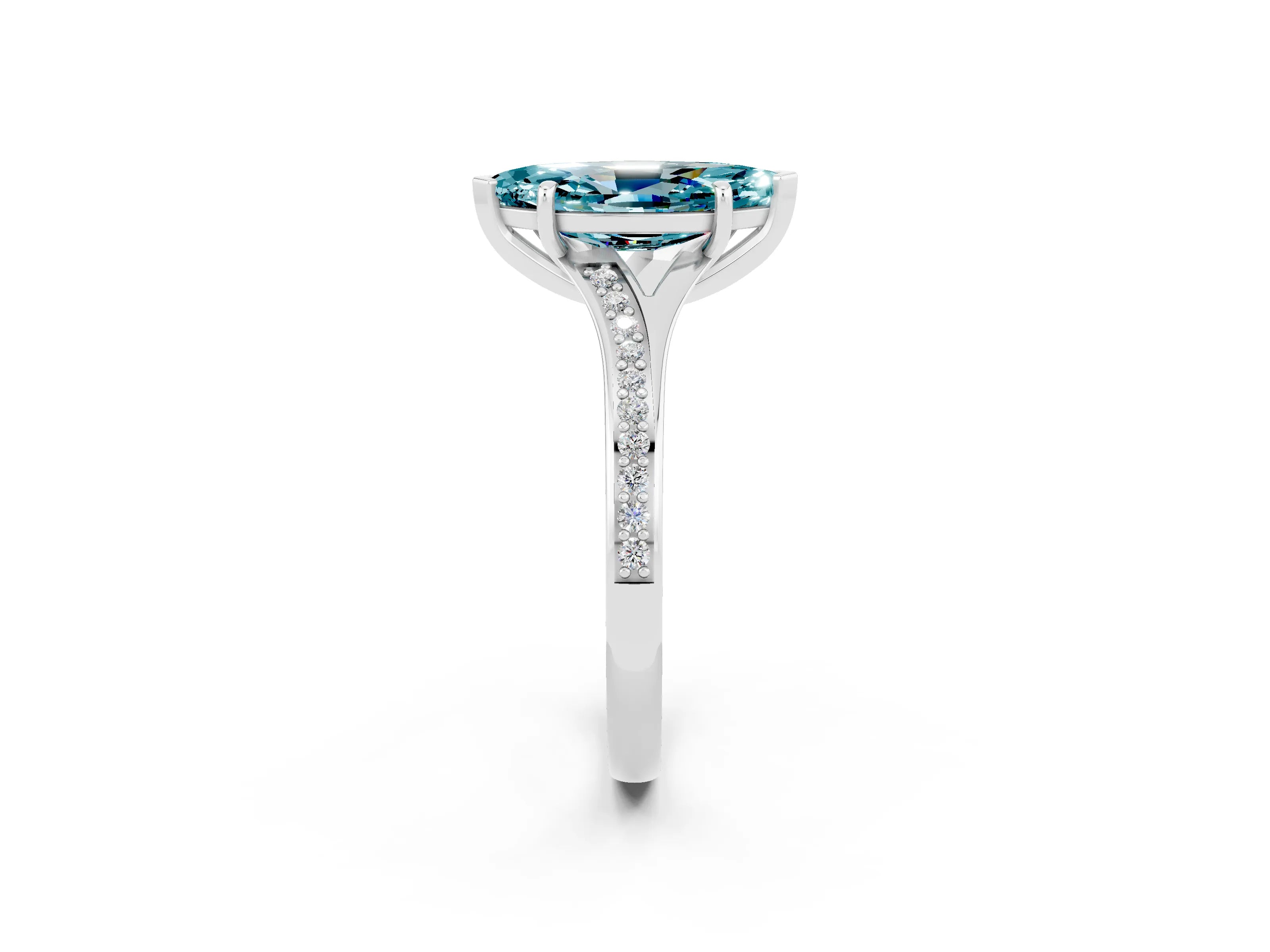 White gold Marquise Cut Blue Topaz Solitaire Ring with Pavé Band and Prong Setting_2