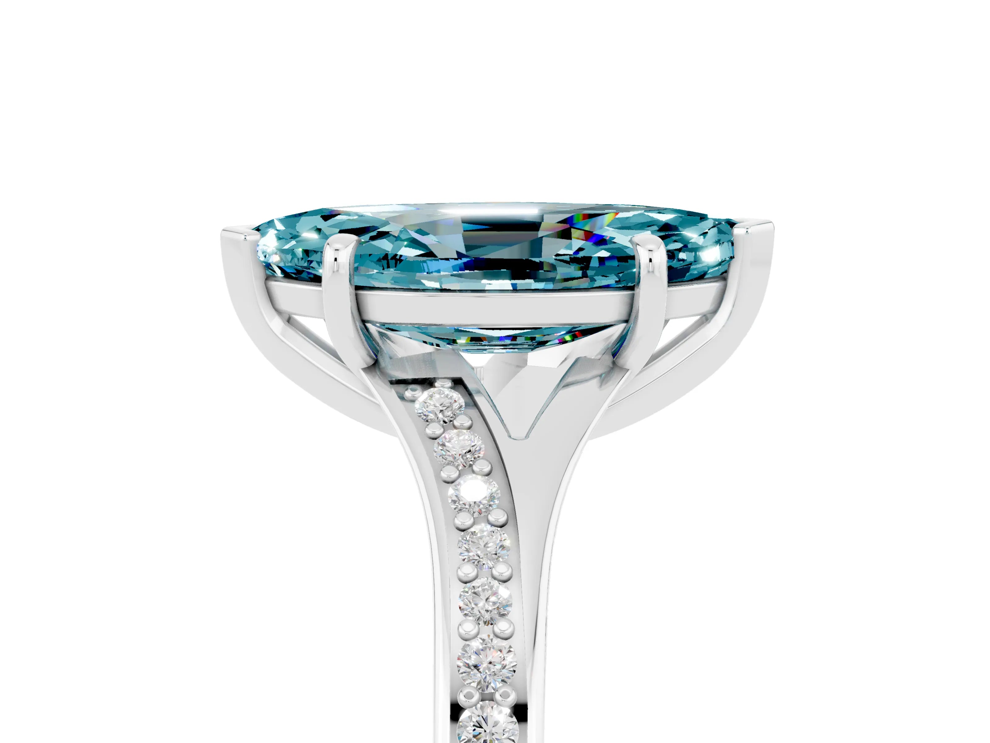 White gold Marquise Cut Blue Topaz Solitaire Ring with Pavé Band and Prong Setting_5