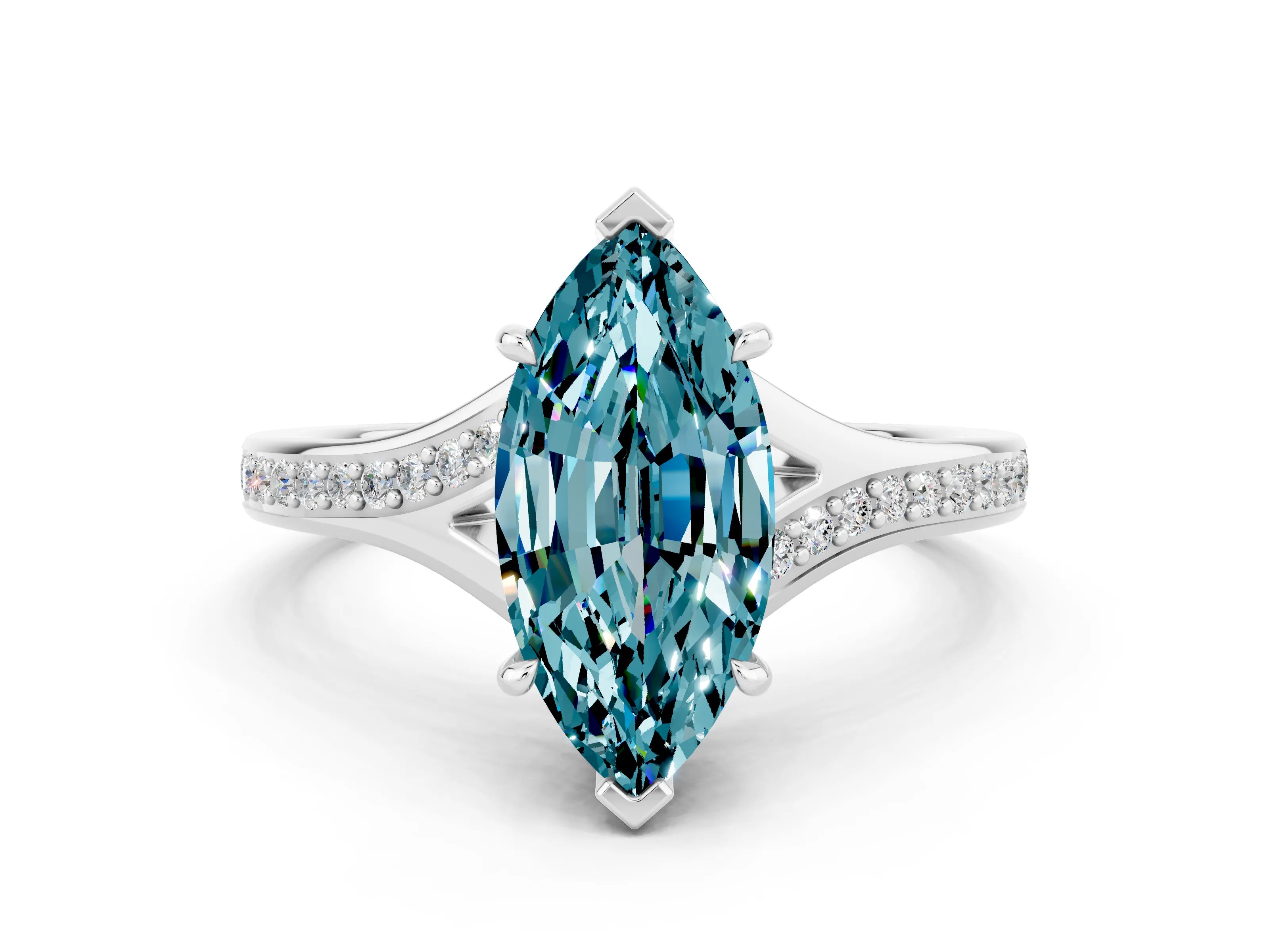 White gold Marquise Cut Blue Topaz Solitaire Ring with Pavé Band and Prong Setting