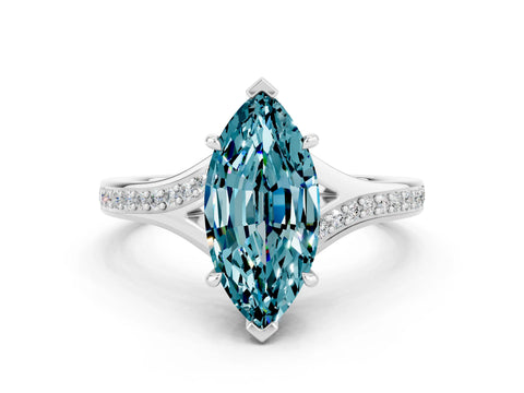 White gold Marquise Cut Blue Topaz Solitaire Ring with Pavé Band and Prong Setting
