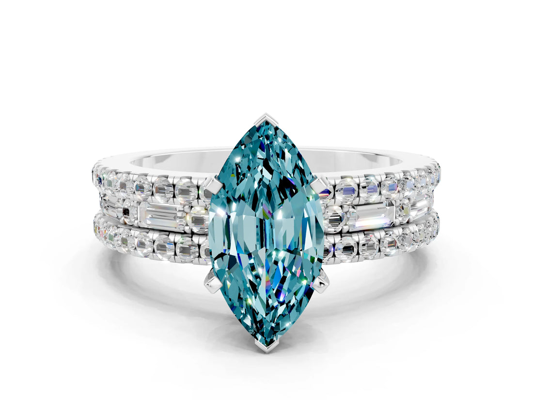 White gold Marquise Cut Blue Topaz Solitaire Ring with Pavé and Channel Set Band