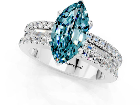 White gold Marquise Cut Blue Topaz Solitaire Ring with Pavé and Channel Set Band_1