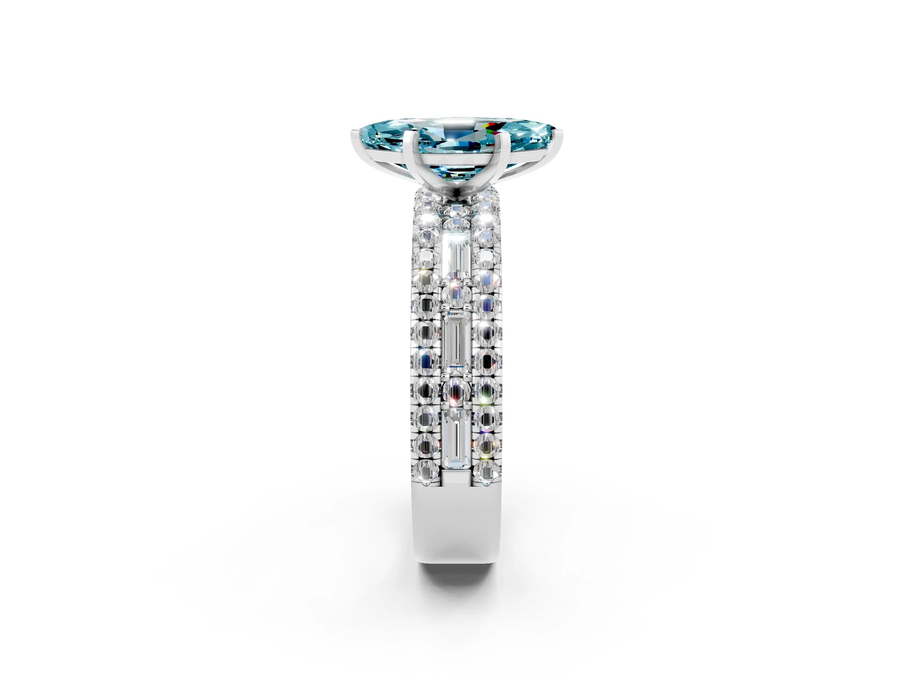 White gold Marquise Cut Blue Topaz Solitaire Ring with Pavé and Channel Set Band_2