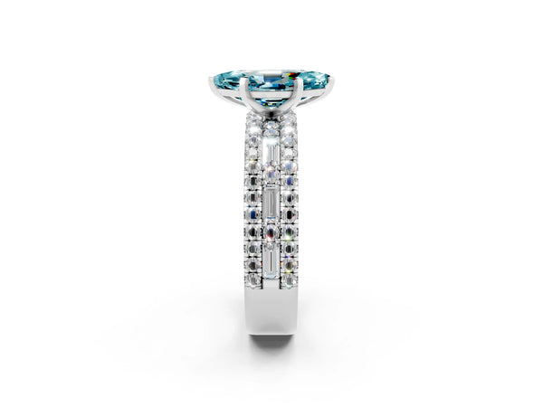 White gold Marquise Cut Blue Topaz Solitaire Ring with Pavé and Channel Set Band