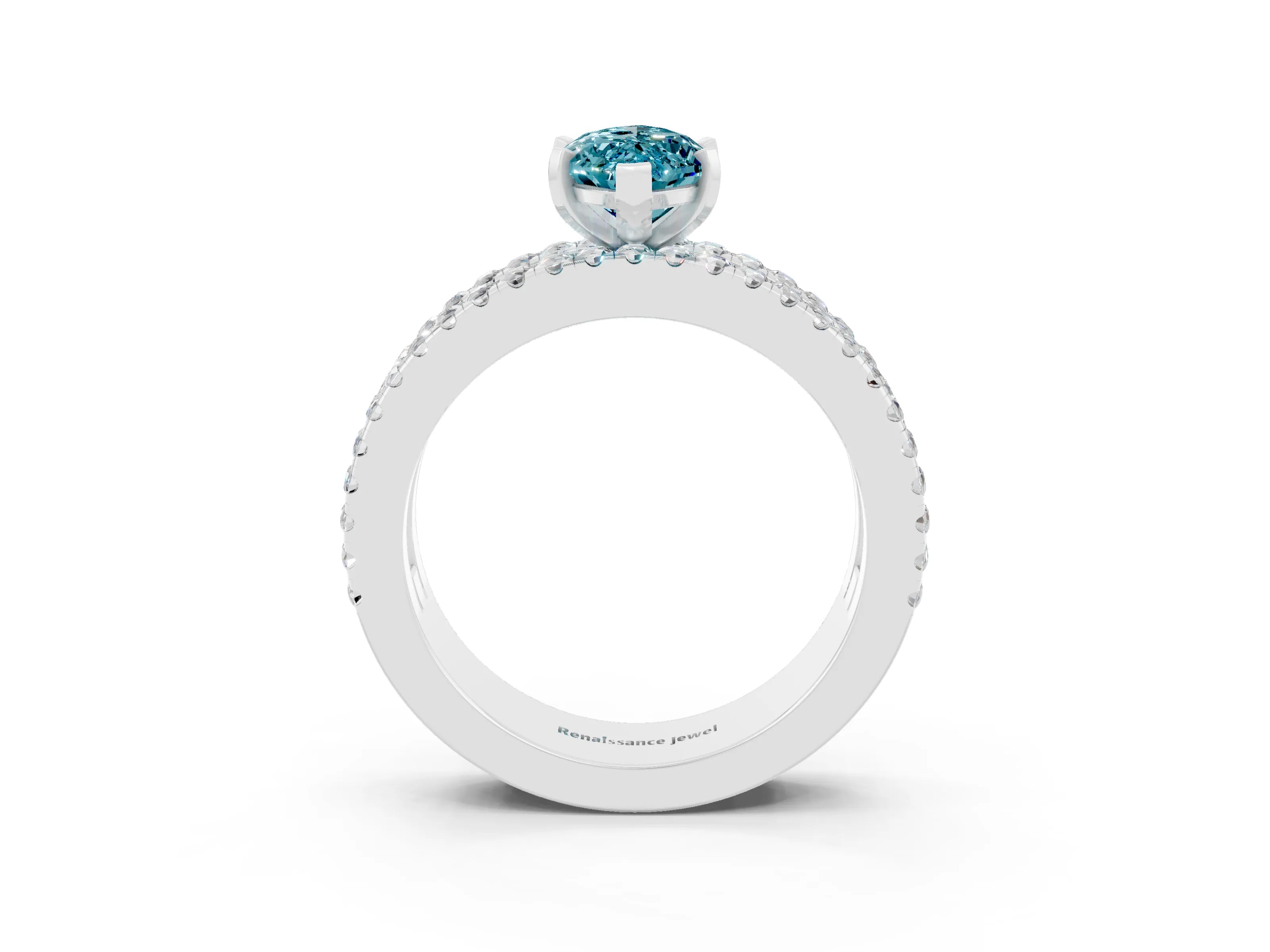 White gold Marquise Cut Blue Topaz Solitaire Ring with Pavé and Channel Set Band_3