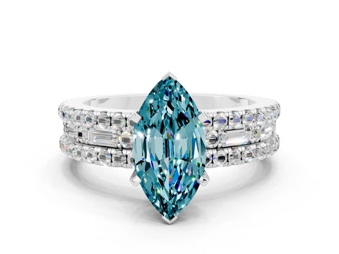 White gold Marquise Cut Blue Topaz Solitaire Ring with Pavé and Channel Set Band
