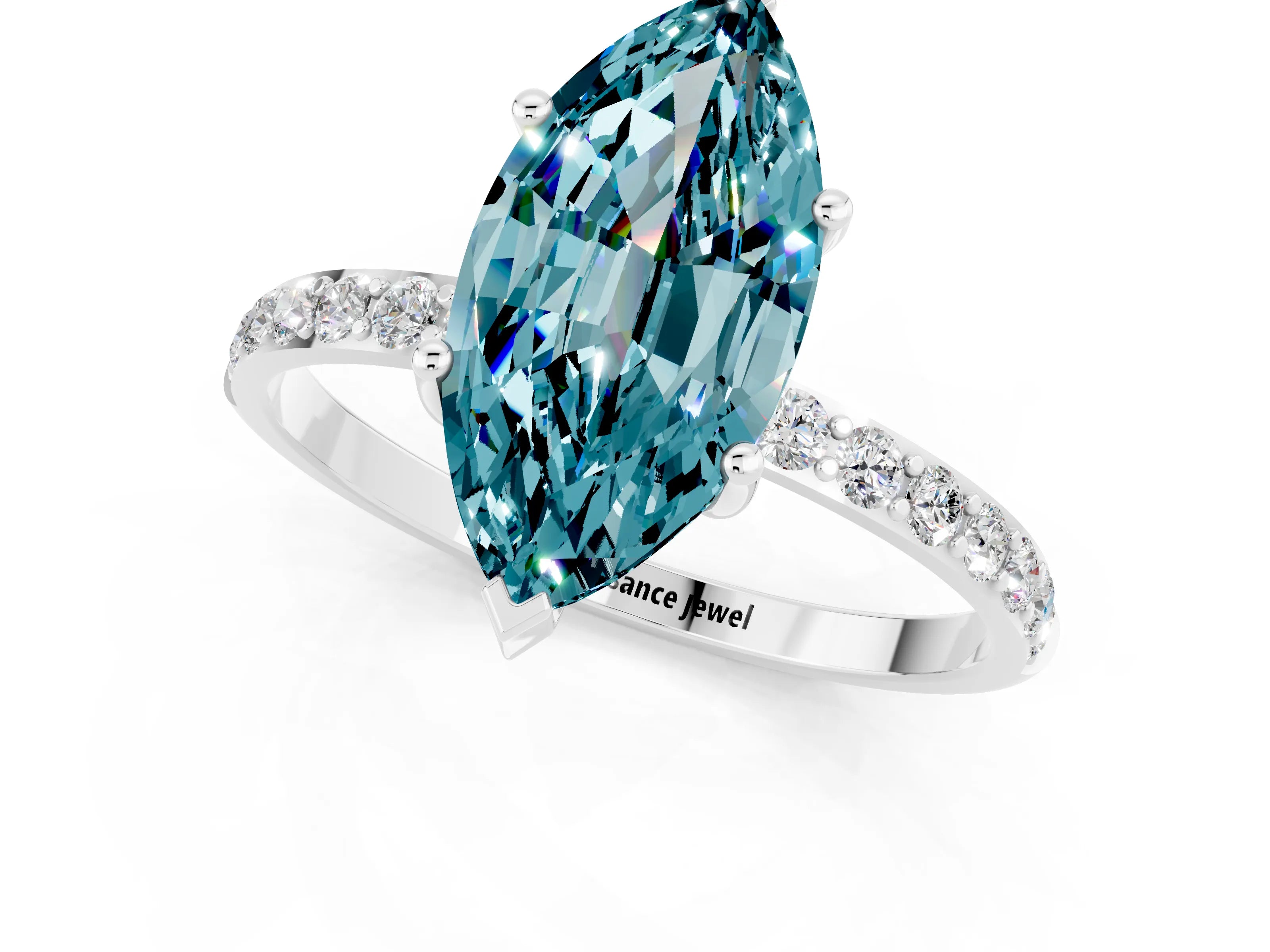 White gold Marquise Cut Blue Topaz Solitaire Ring with Pave Band and Four Prong Setting_25