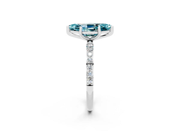 Silver Marquise Cut Blue Topaz Solitaire Ring with Round  Pavé Band and Prong Setting
