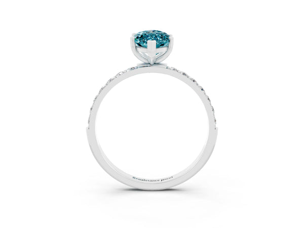 Platinum Marquise Cut Blue Topaz Solitaire Ring with Round  Pavé Band and Prong Setting
