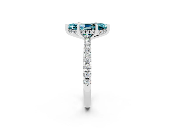 White gold Marquise Cut Blue Topaz Solitaire Ring with Round Pavé Band and Four-Prong Setting