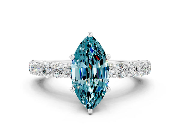 Silver Marquise Cut Blue Topaz Solitaire Ring with Shared Prong Pavé Band and Four-Prong Setting