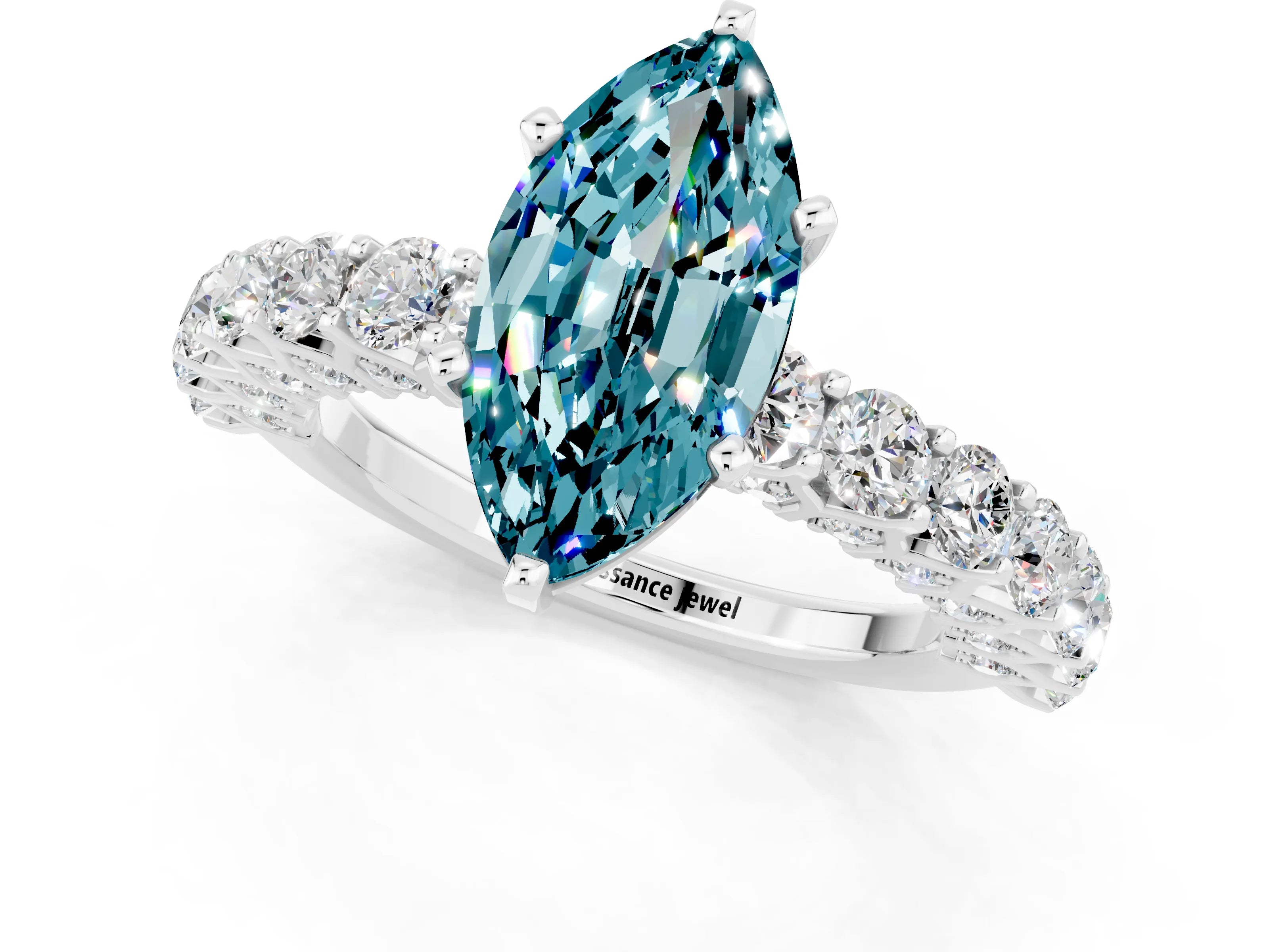White gold Marquise Cut Blue Topaz Solitaire Ring with Shared Prong Pavé Band and Four-Prong Setting_1