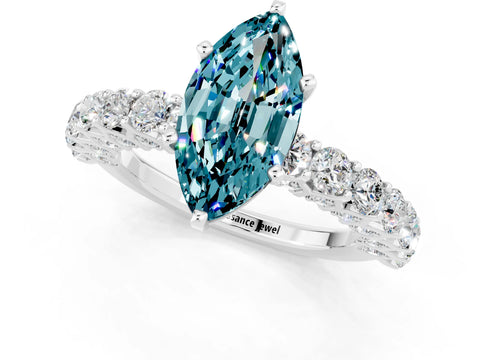 White gold Marquise Cut Blue Topaz Solitaire Ring with Shared Prong Pavé Band and Four-Prong Setting_1