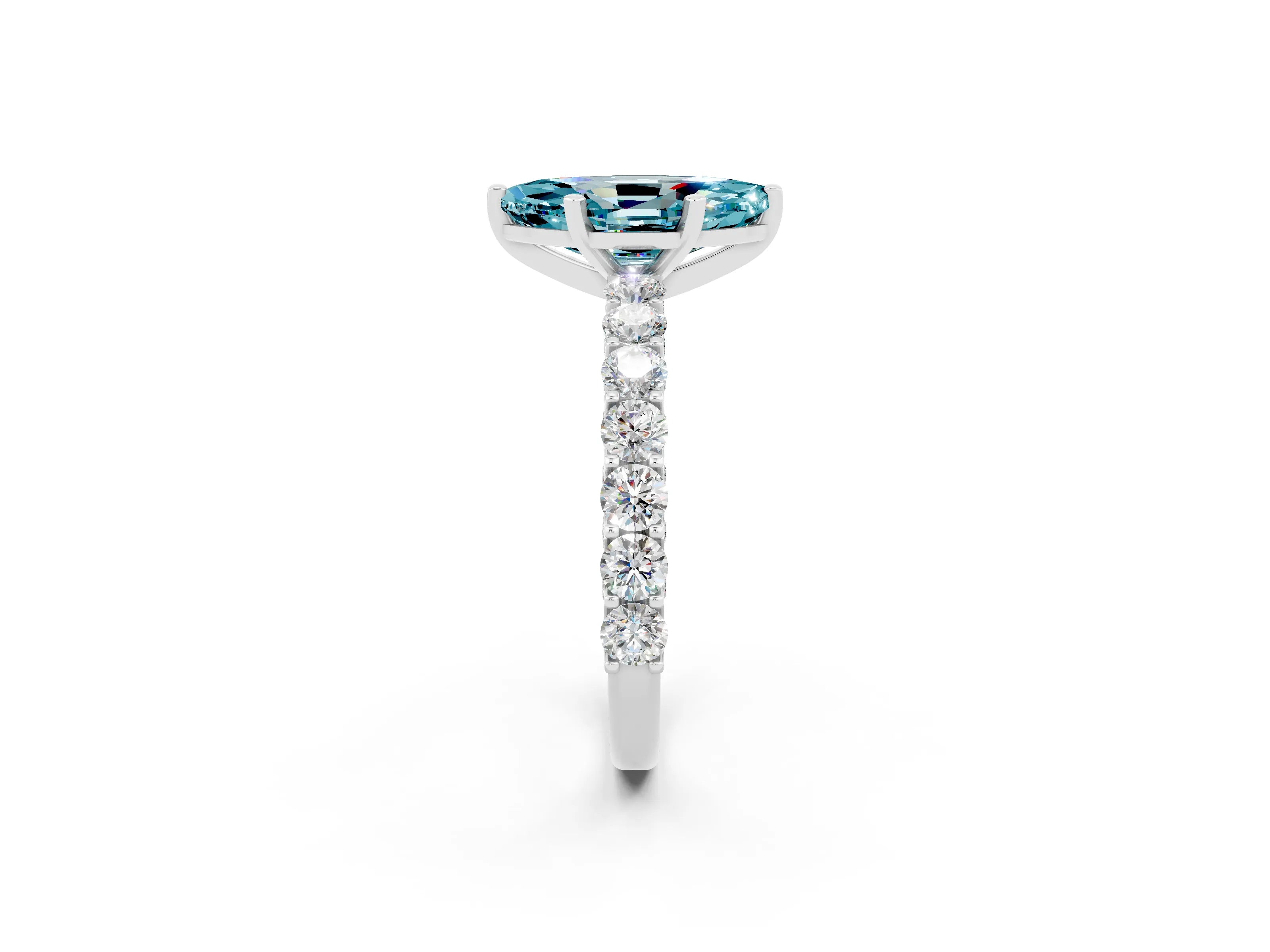 White gold Marquise Cut Blue Topaz Solitaire Ring with Shared Prong Pavé Band and Four-Prong Setting_2