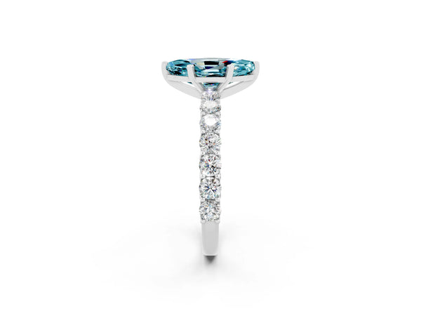 Platinum Marquise Cut Blue Topaz Solitaire Ring with Shared Prong Pavé Band and Four-Prong Setting