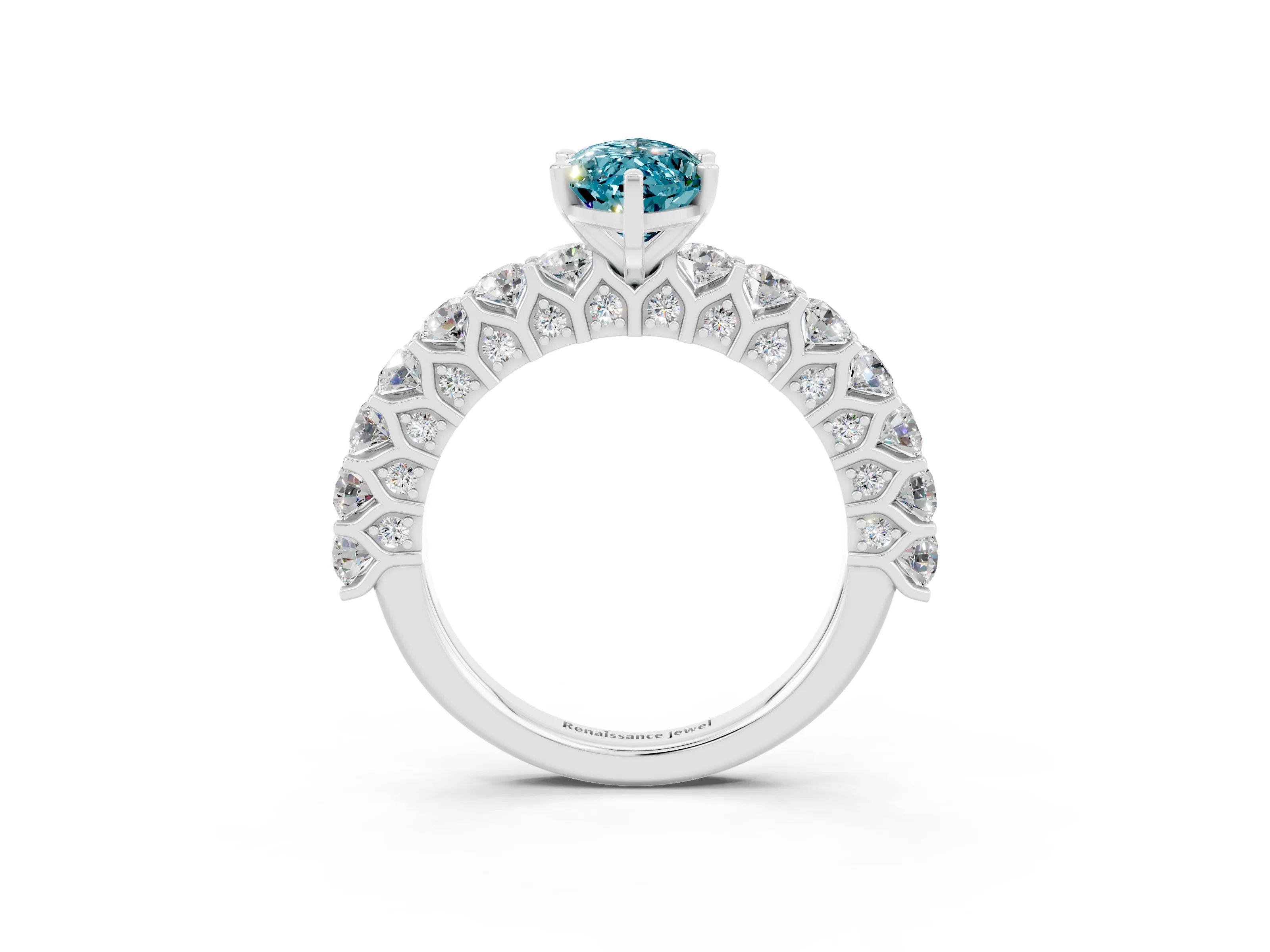 White gold Marquise Cut Blue Topaz Solitaire Ring with Shared Prong Pavé Band and Four-Prong Setting_3