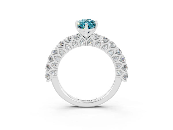 Silver Marquise Cut Blue Topaz Solitaire Ring with Shared Prong Pavé Band and Four-Prong Setting
