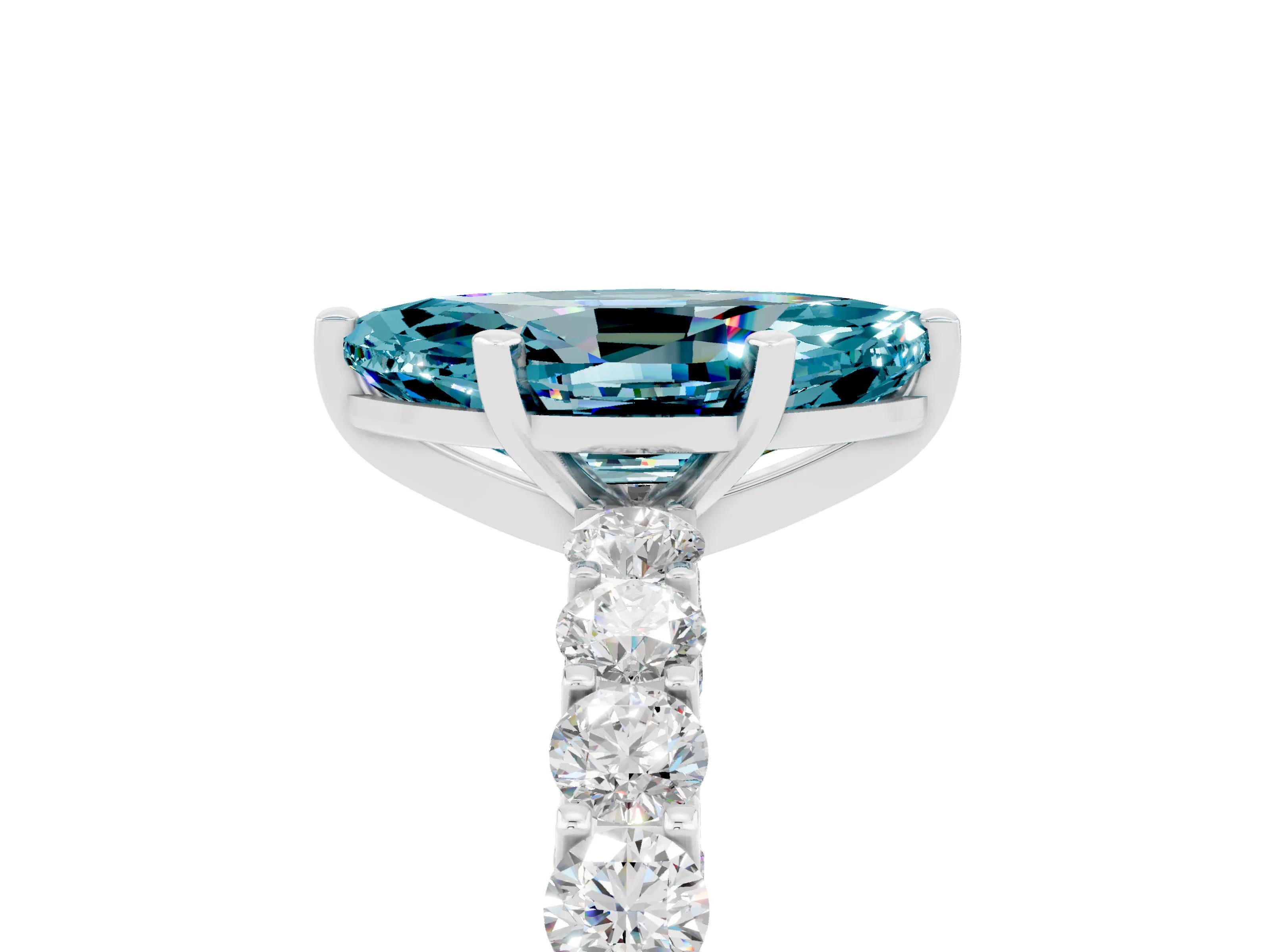 White gold Marquise Cut Blue Topaz Solitaire Ring with Shared Prong Pavé Band and Four-Prong Setting_5