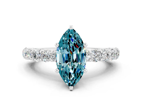 White gold Marquise Cut Blue Topaz Solitaire Ring with Shared Prong Pavé Band and Four-Prong Setting