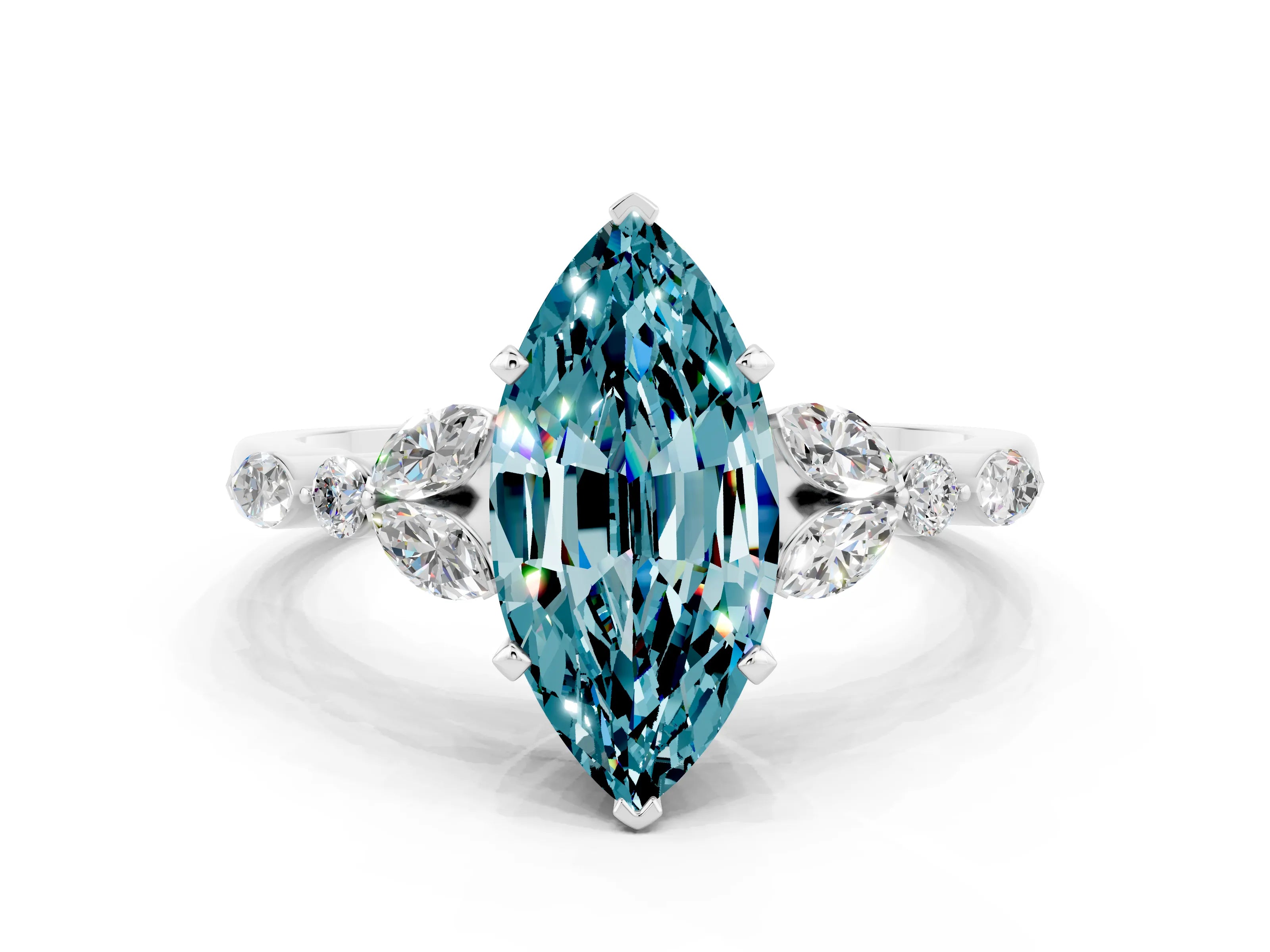 White gold Marquise Cut Blue Topaz Solitaire Ring with Side Stones and Four-Prong Setting_12