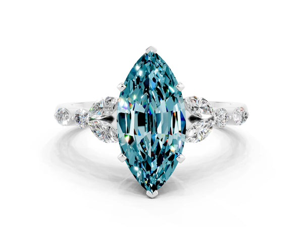 Platinum Marquise Cut Blue Topaz Solitaire Ring with Side Stones and Four-Prong Setting