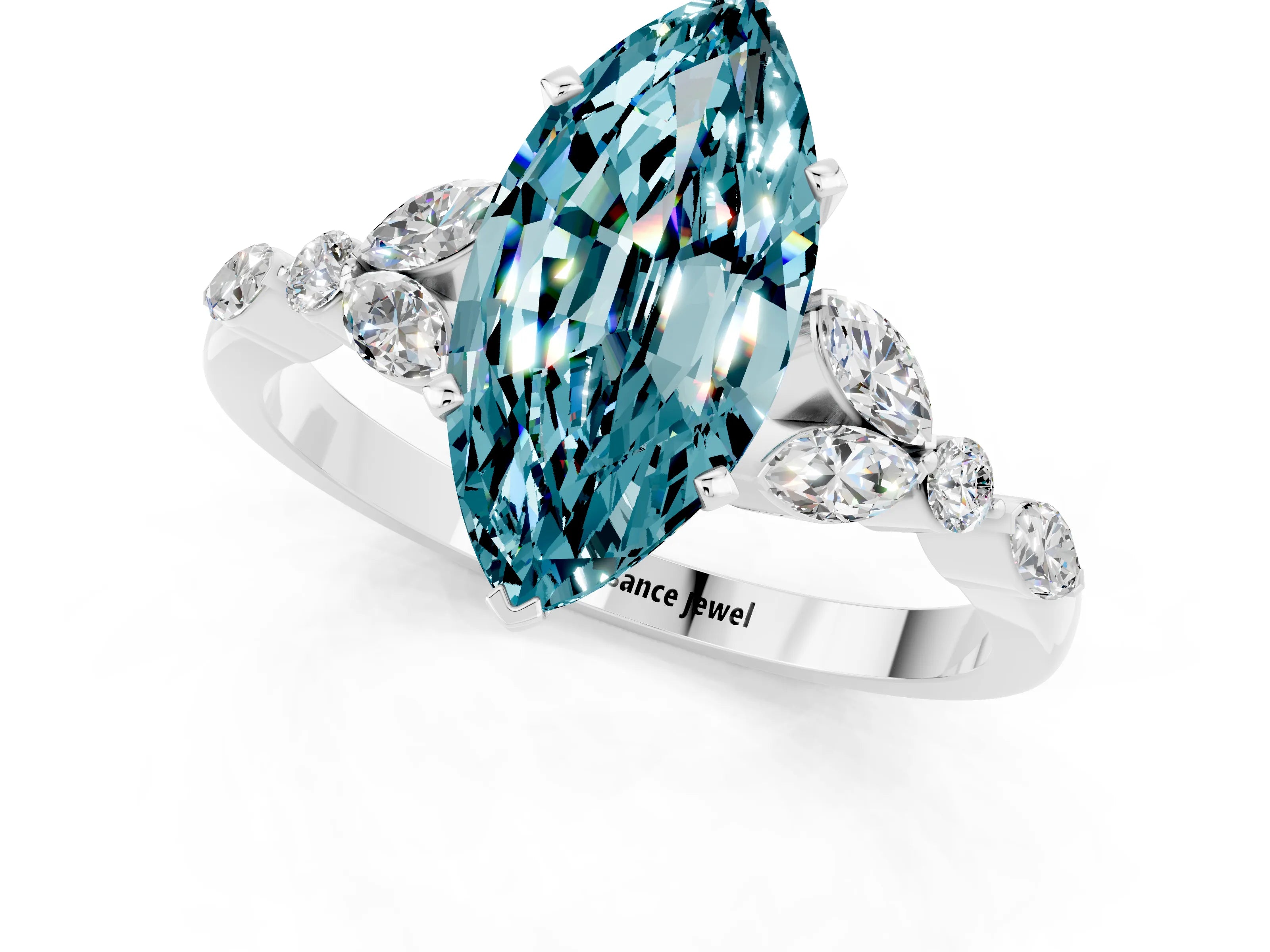White gold Marquise Cut Blue Topaz Solitaire Ring with Side Stones and Four-Prong Setting_13