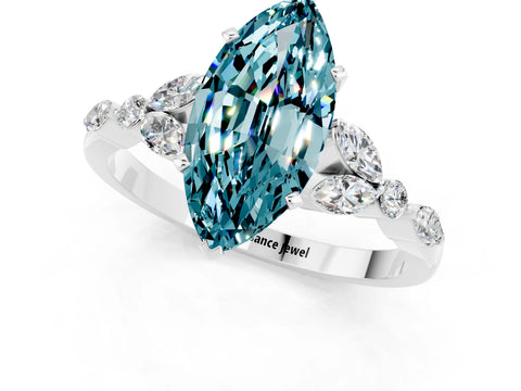 White gold Marquise Cut Blue Topaz Solitaire Ring with Side Stones and Four-Prong Setting_13
