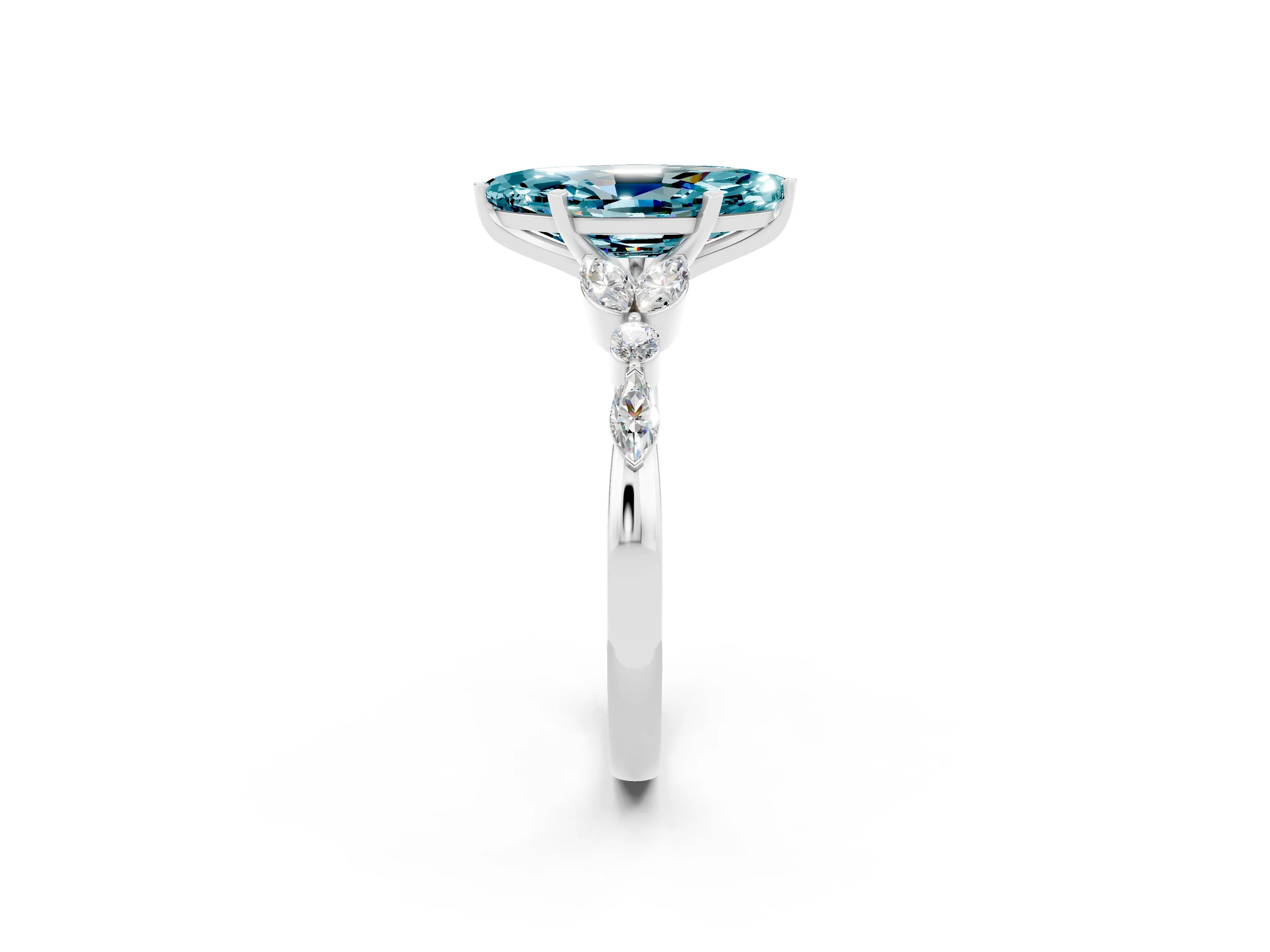 White gold Marquise Cut Blue Topaz Solitaire Ring with Side Stones and Four-Prong Setting_14