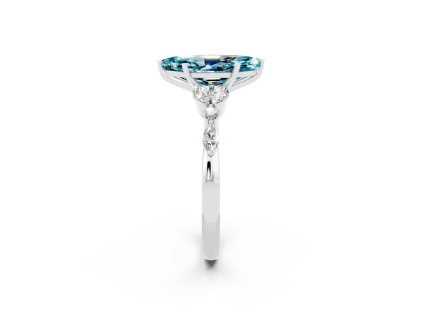 Platinum Marquise Cut Blue Topaz Solitaire Ring with Side Stones and Four-Prong Setting