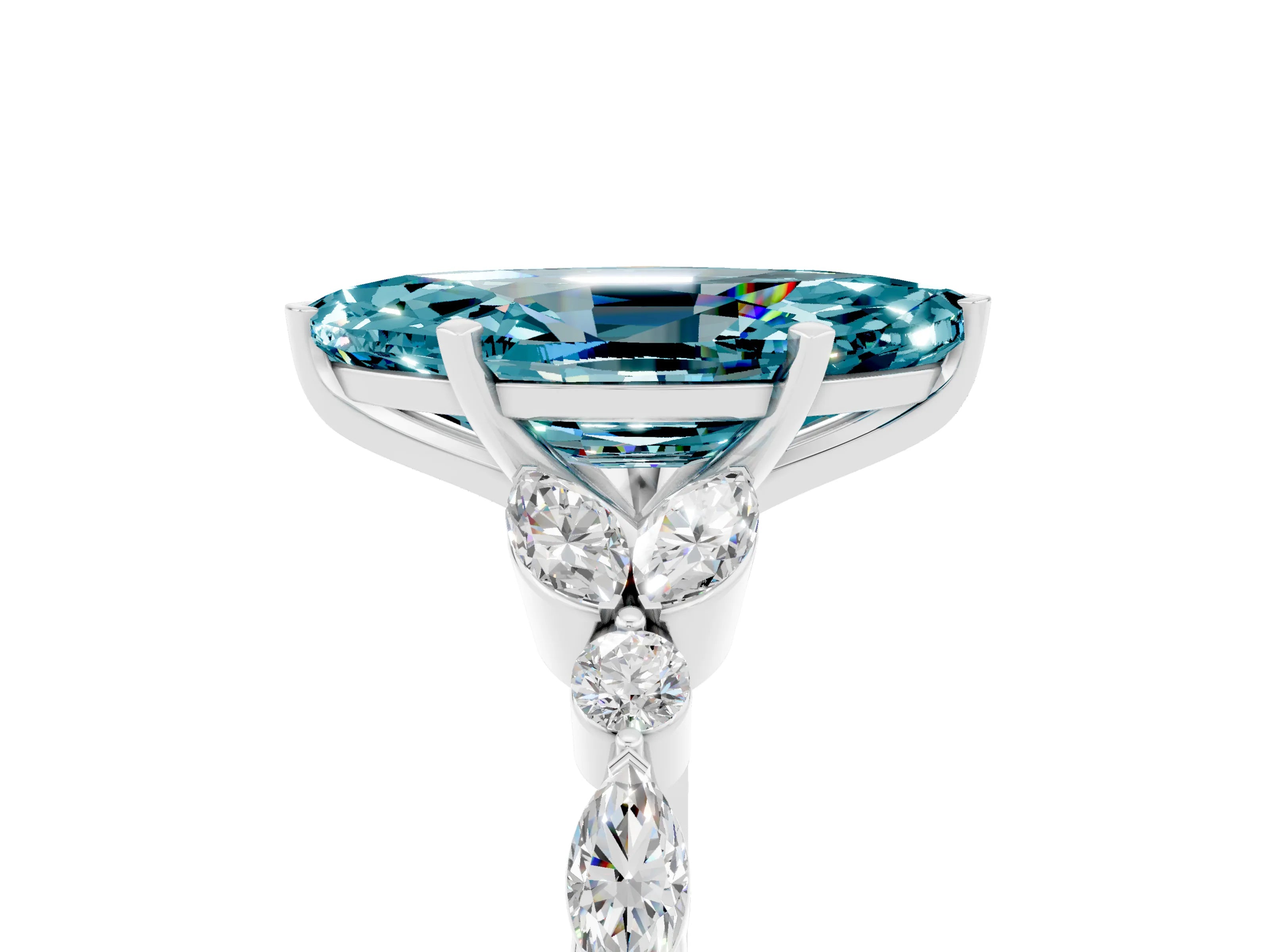 White gold Marquise Cut Blue Topaz Solitaire Ring with Side Stones and Four-Prong Setting_17