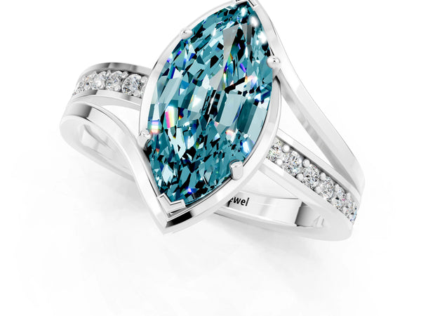White gold Marquise Cut Blue Topaz Solitaire Ring with Split Shank and Prong Setting