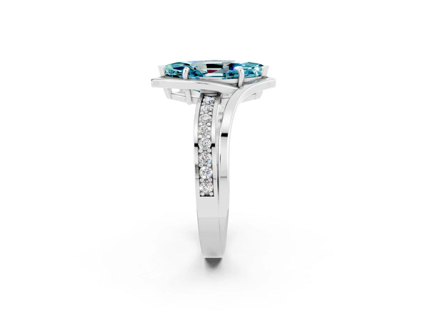 White gold Marquise Cut Blue Topaz Solitaire Ring with Split Shank and Prong Setting