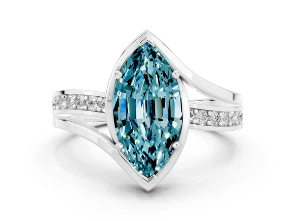 White gold Marquise Cut Blue Topaz Solitaire Ring with Split Shank and Prong Setting
