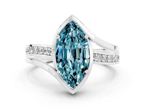 White gold Marquise Cut Blue Topaz Solitaire Ring with Split Shank and Prong Setting