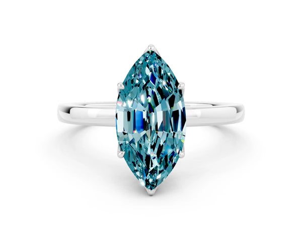 Platinum Marquise Cut Blue Topaz Solitaire Ring with Thin Band and Prong Setting