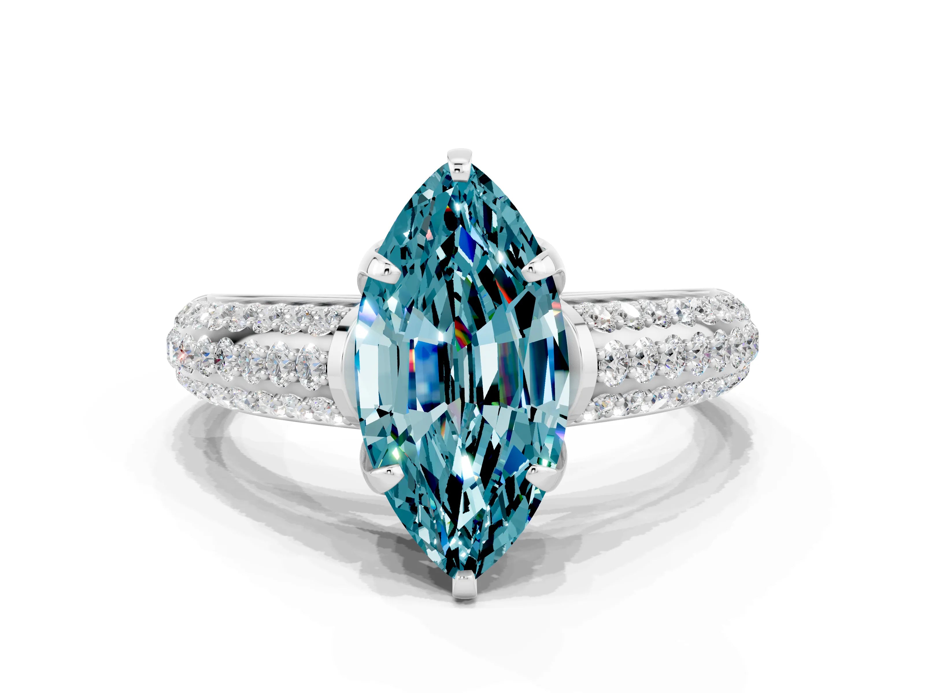 White gold Marquise Cut Blue Topaz Solitaire Ring with Three-Row Pavé Band and Four-Prong Setting_12