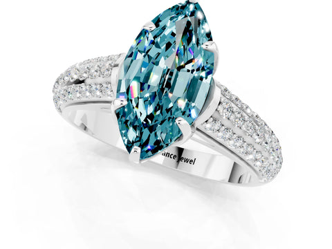 White gold Marquise Cut Blue Topaz Solitaire Ring with Three-Row Pavé Band and Four-Prong Setting_13