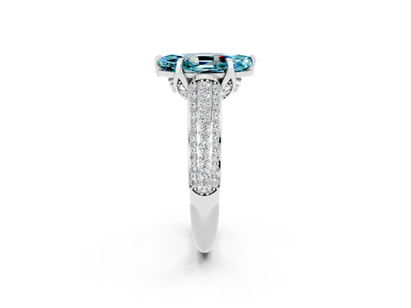 Platinum Marquise Cut Blue Topaz Solitaire Ring with Three-Row Pavé Band and Four-Prong Setting